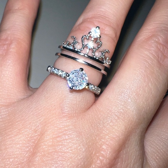 💍 Luxury 925 Sterling Silver Princess Rings Set 2 in 1 - Picture 11 of 12